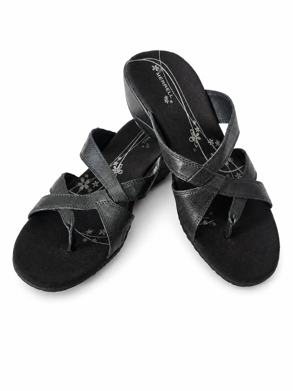 Merrell Alyssum Cross Strap Slide Sandals Sz US 9 Black Leather Wedge Comfort